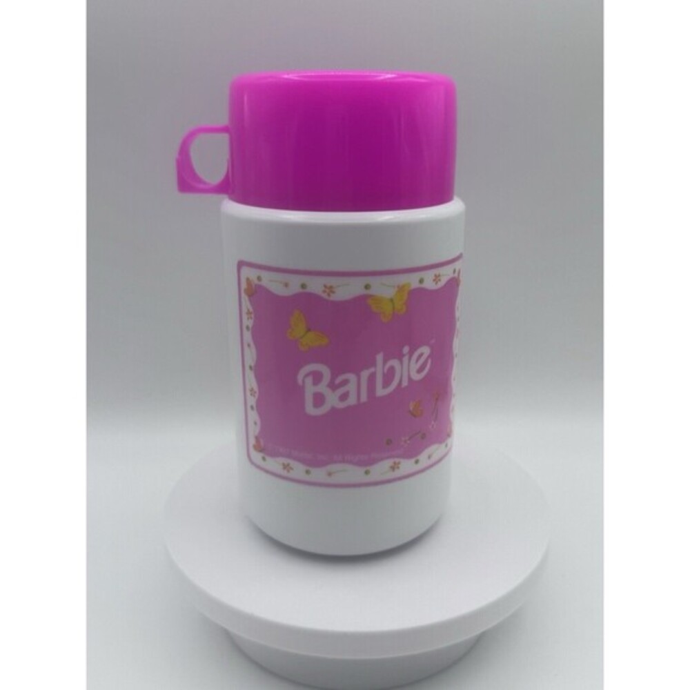 Vintage BARBIE Thermos Water Bottle 1997 Mattel Pink & White With Butterflies